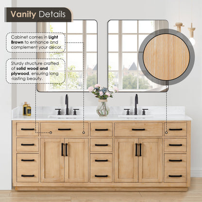 Gavino 84" Double Bathroom Vanity in Light Brown with Grain White Engineered Stone Countertop without Mirror