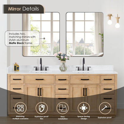 Gavino 84" Double Bathroom Vanity in Light Brown with Grain White Engineered Stone Countertop with Mirror
