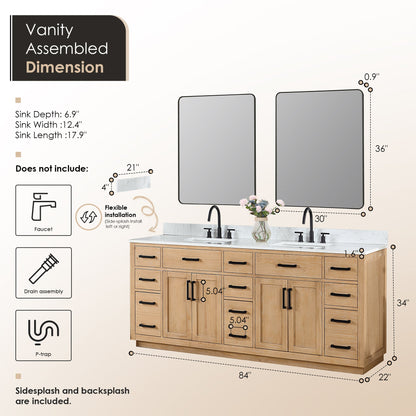 Gavino 84" Double Bathroom Vanity in Light Brown with Grain White Engineered Stone Countertop with Mirror