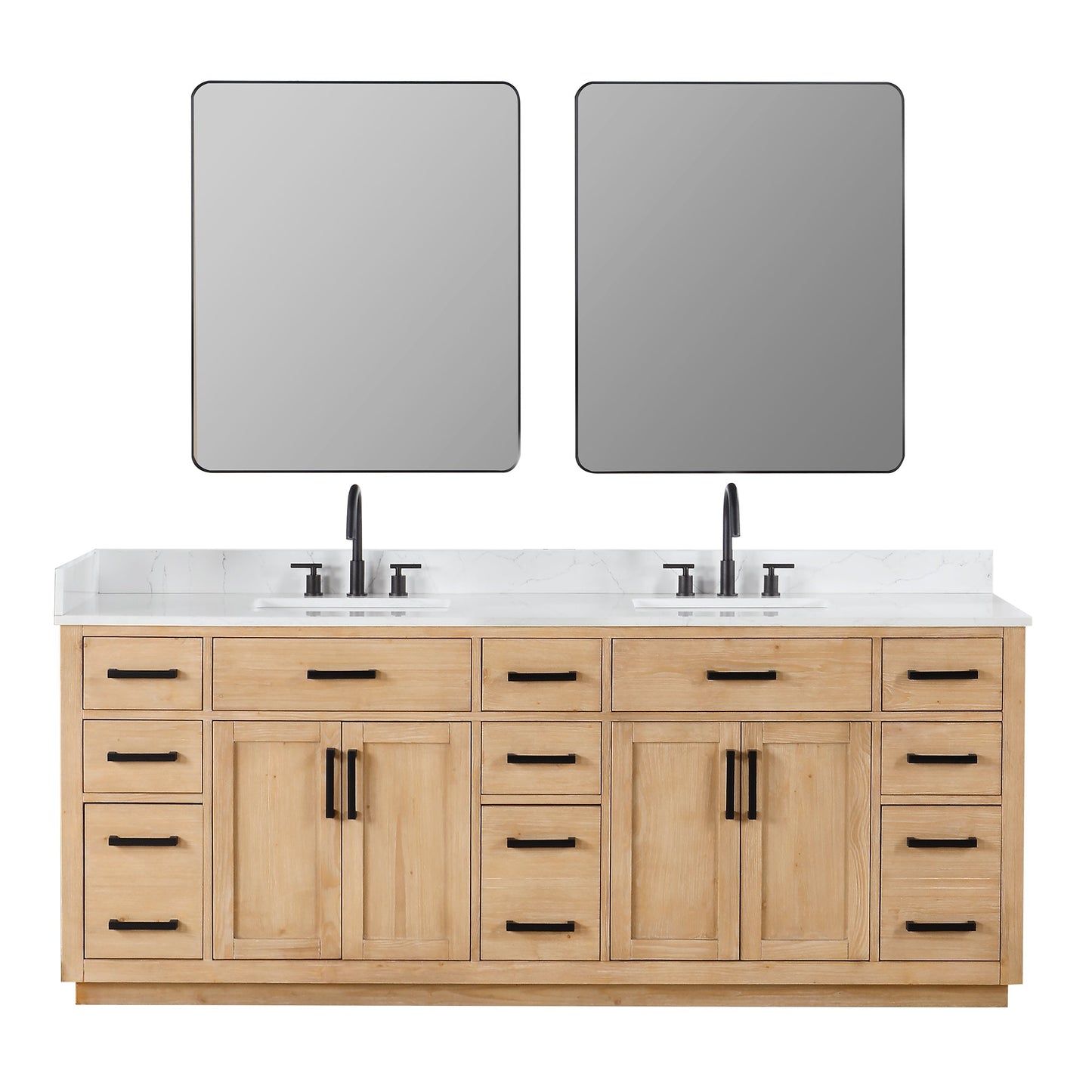 Gavino 84" Double Bathroom Vanity in Light Brown with Grain White Engineered Stone Countertop with Mirror