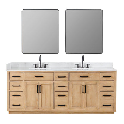 Gavino 84" Double Bathroom Vanity in Light Brown with Grain White Engineered Stone Countertop with Mirror