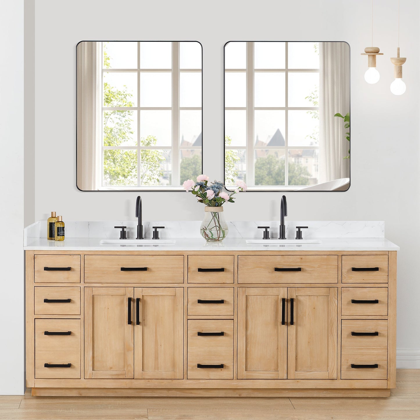 Gavino 84" Double Bathroom Vanity in Light Brown with Grain White Engineered Stone Countertop with Mirror