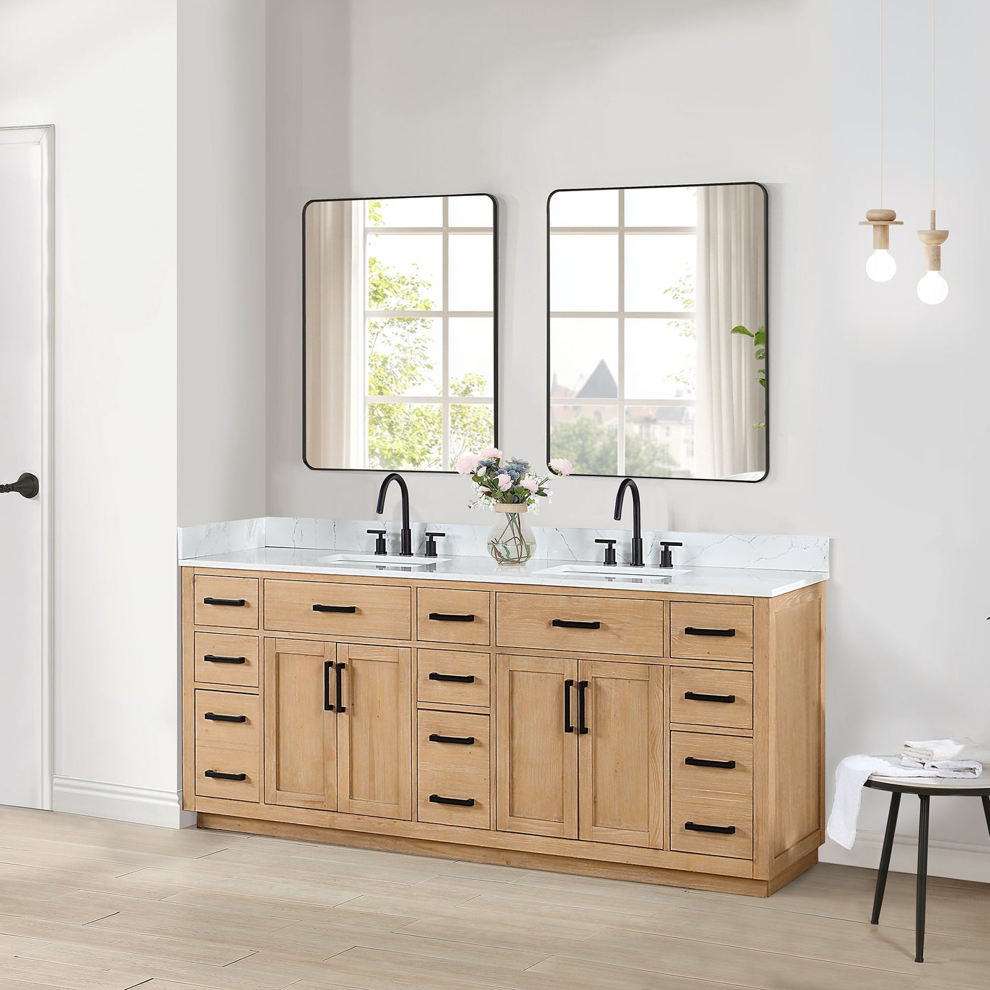 Gavino 84" Double Bathroom Vanity in Light Brown with Grain White Engineered Stone Countertop with Mirror