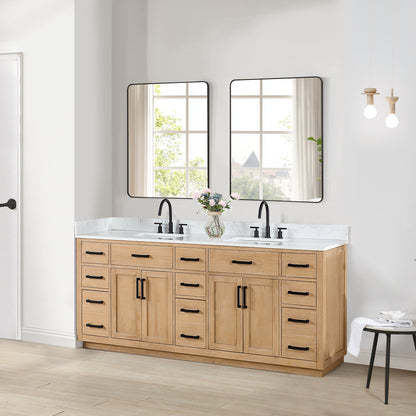 Gavino 84" Double Bathroom Vanity in Light Brown with Grain White Engineered Stone Countertop with Mirror