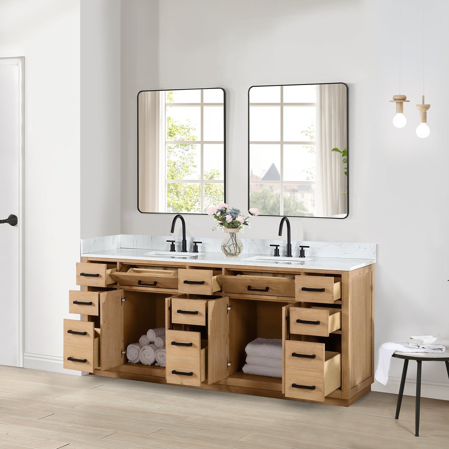 Gavino 84" Double Bathroom Vanity in Light Brown with Grain White Engineered Stone Countertop with Mirror