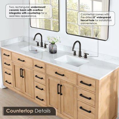 Gavino 84" Double Bathroom Vanity in Light Brown with Grain White Engineered Stone Countertop with Mirror