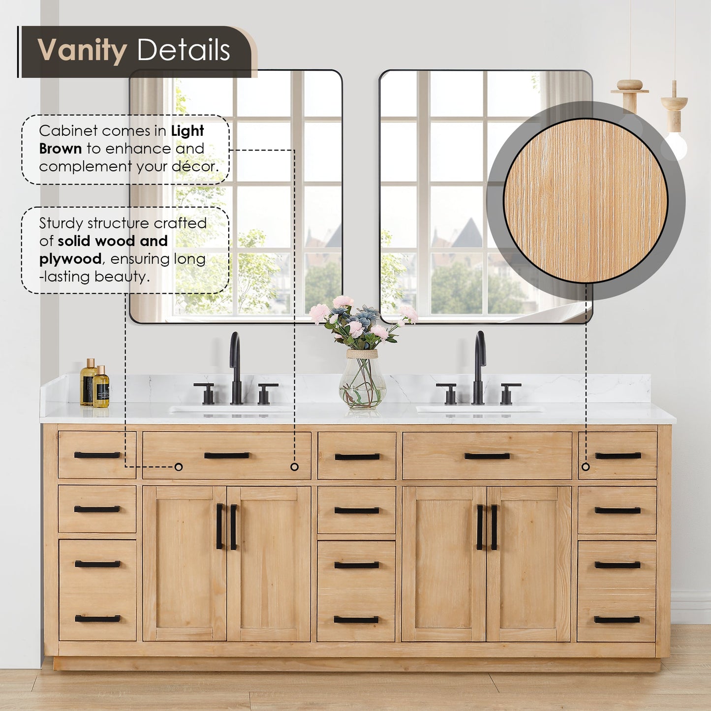 Gavino 84" Double Bathroom Vanity in Light Brown with Grain White Engineered Stone Countertop with Mirror