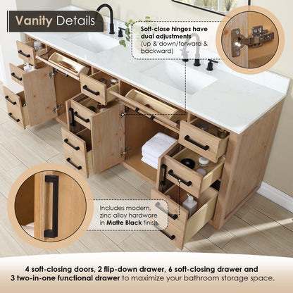 Gavino 84" Double Bathroom Vanity in Light Brown with Grain White Engineered Stone Countertop with Mirror