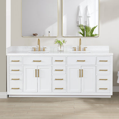 Gavino 84" Double Bathroom Vanity in White with Grain White Engineered Stone Countertop without Mirror