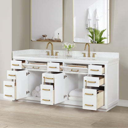 Gavino 84" Double Bathroom Vanity in White with Grain White Engineered Stone Countertop without Mirror