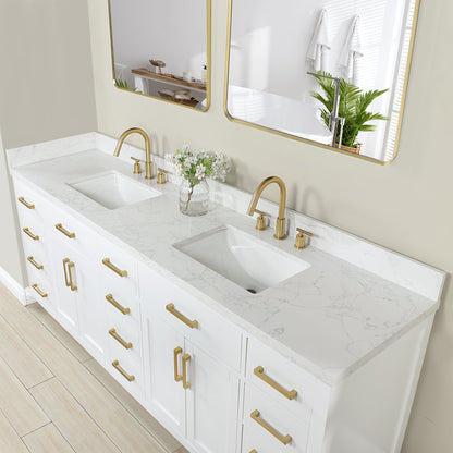 Gavino 84" Double Bathroom Vanity in White with Grain White Engineered Stone Countertop without Mirror