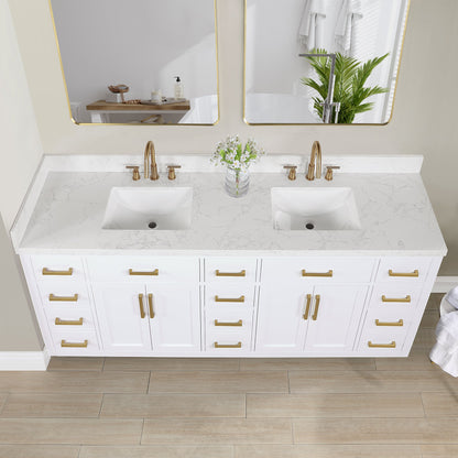 Gavino 84" Double Bathroom Vanity in White with Grain White Engineered Stone Countertop without Mirror