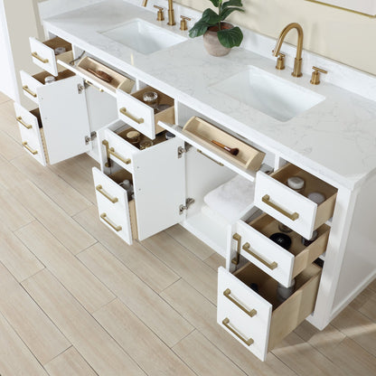 Gavino 84" Double Bathroom Vanity in White with Grain White Engineered Stone Countertop without Mirror