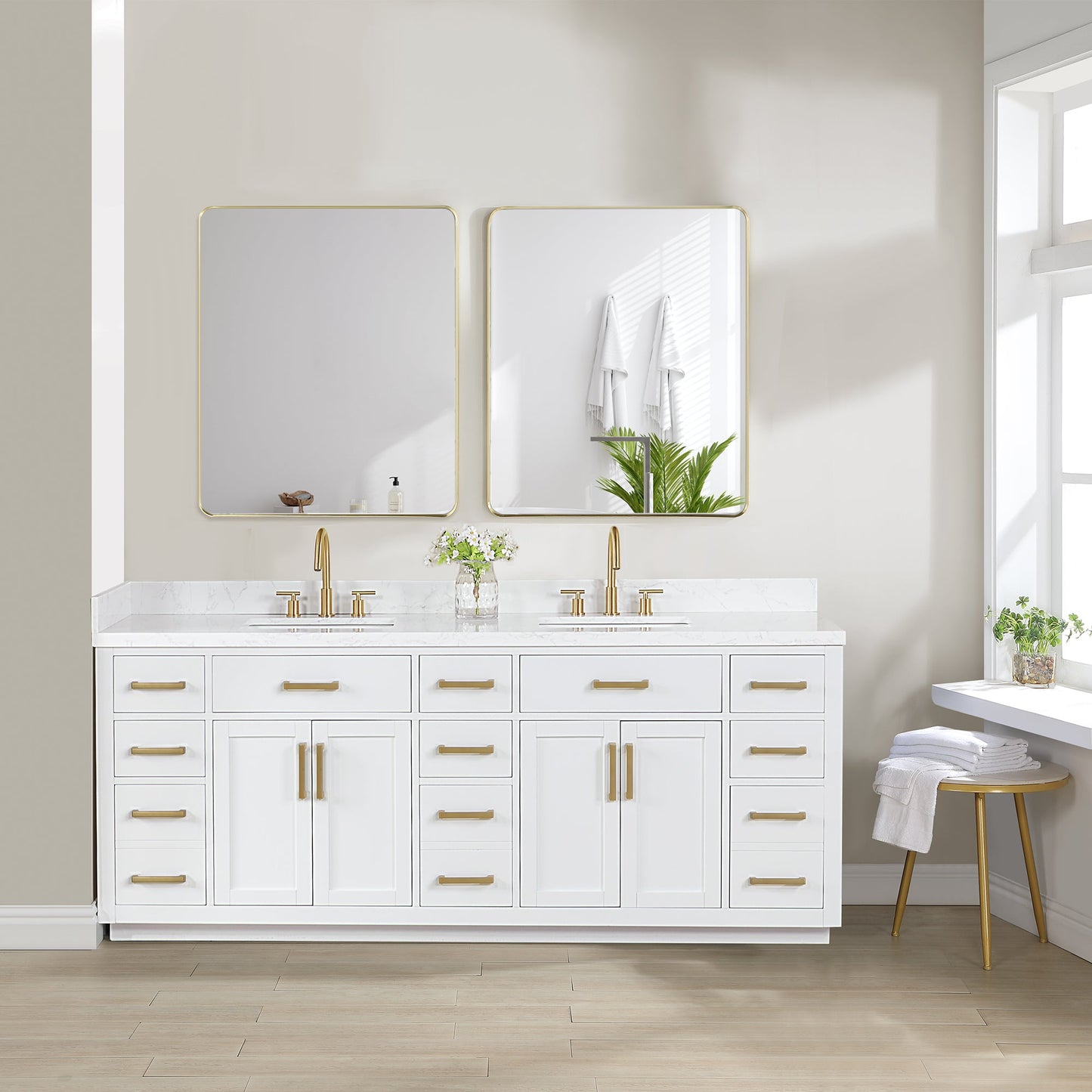 Gavino 84" Double Bathroom Vanity in White with Grain White Engineered Stone Countertop with Mirror