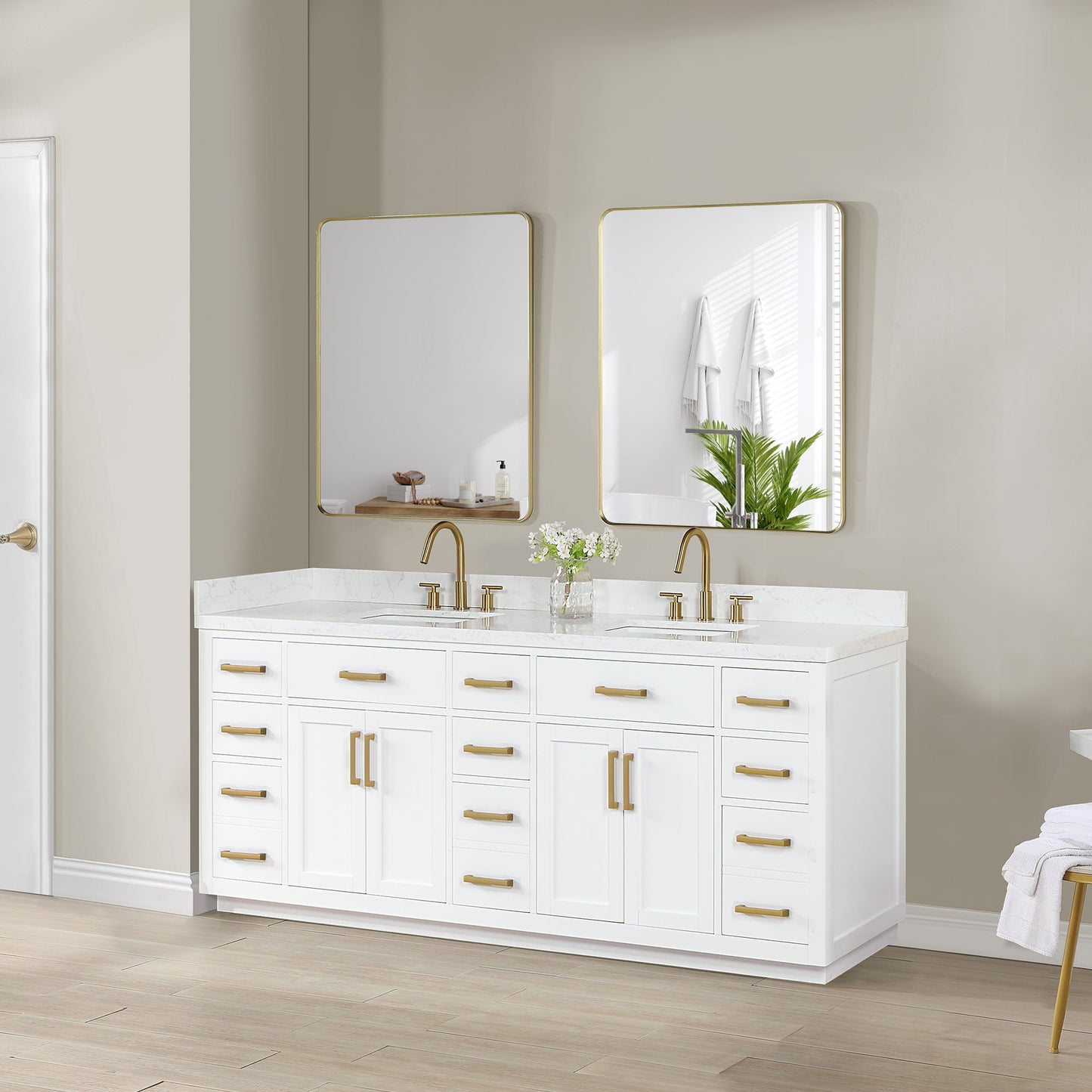Gavino 84" Double Bathroom Vanity in White with Grain White Engineered Stone Countertop with Mirror