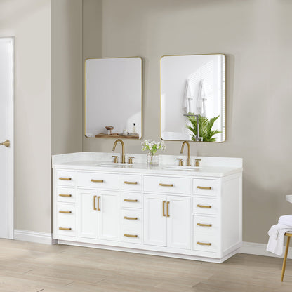 Gavino 84" Double Bathroom Vanity in White with Grain White Engineered Stone Countertop with Mirror