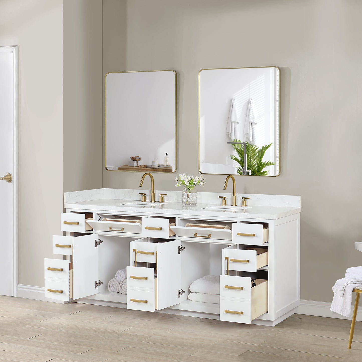 Gavino 84" Double Bathroom Vanity in White with Grain White Engineered Stone Countertop with Mirror