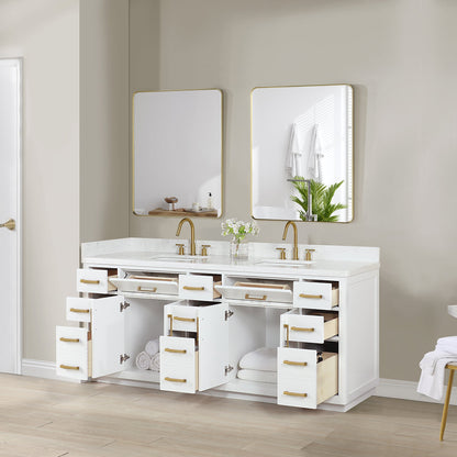 Gavino 84" Double Bathroom Vanity in White with Grain White Engineered Stone Countertop with Mirror