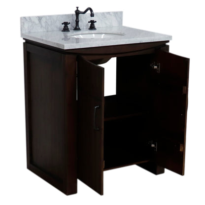 30" Single Sink Vanity Rustic Wood Finish in White marble Top