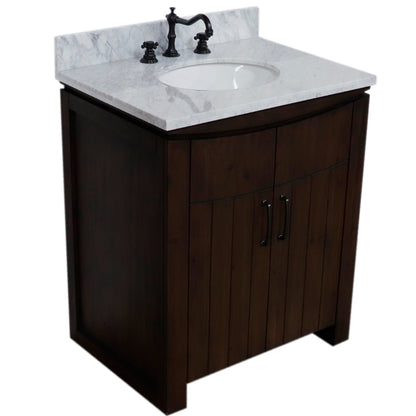 30" Single Sink Vanity Rustic Wood Finish in White marble Top
