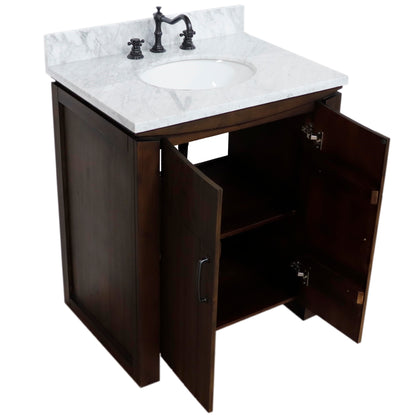 30" Single Sink Vanity Rustic Wood Finish in White marble Top