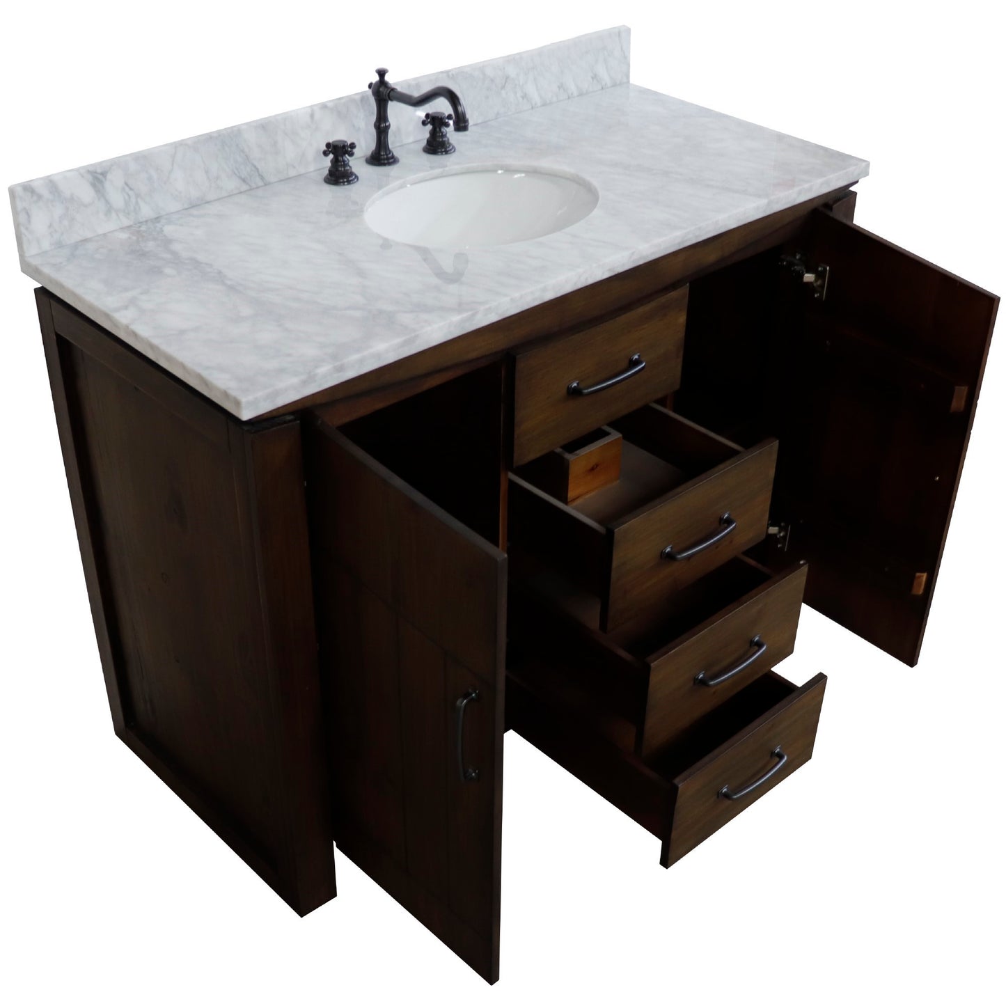 48" Single Sink Vanity Rustic Wood Finish in White marble Top