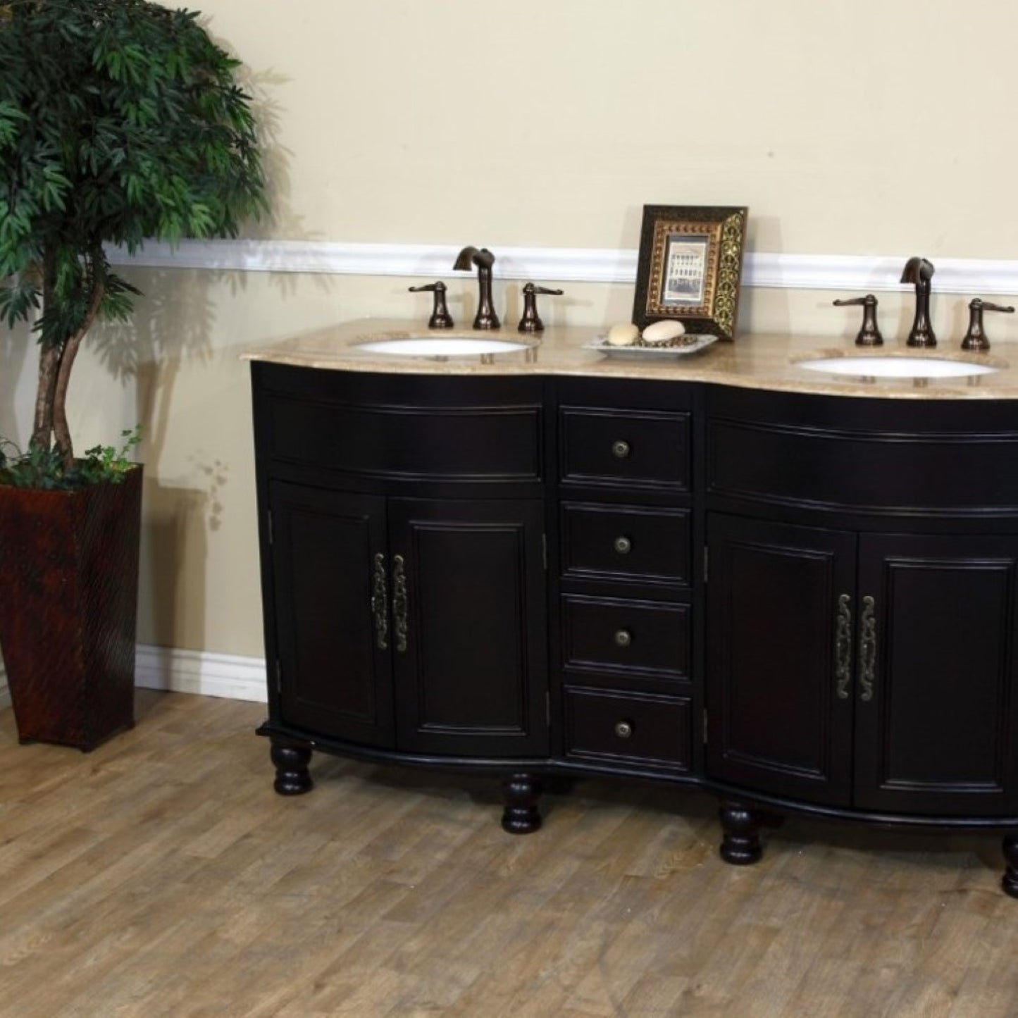 62" Double sink vanity dark mahogany Travertine