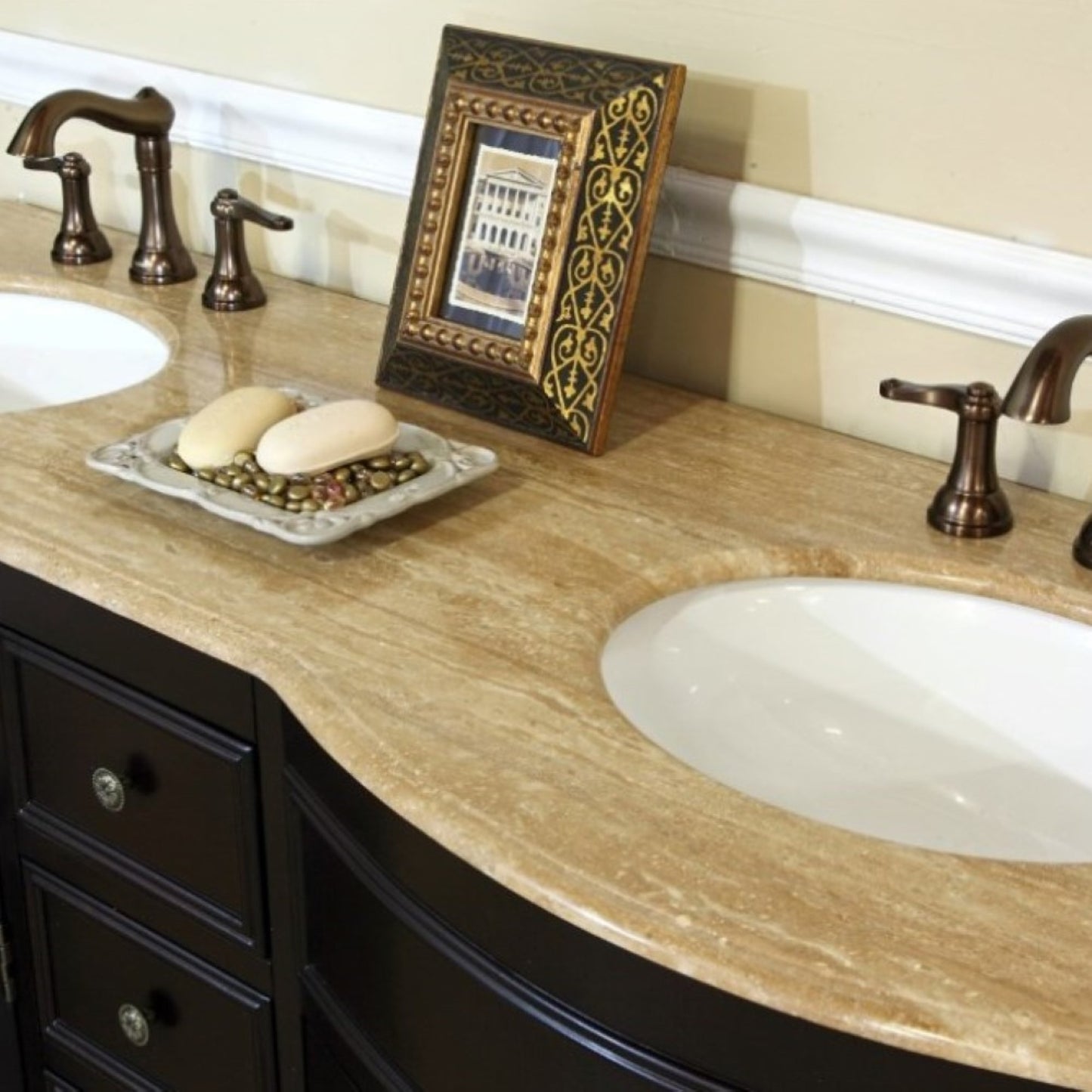62" Double sink vanity dark mahogany Travertine