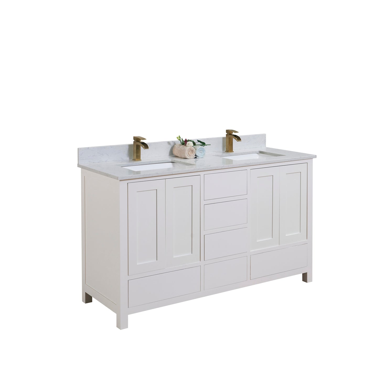 60"  Composite Stone Vanity Top in Aosta White with White Sink