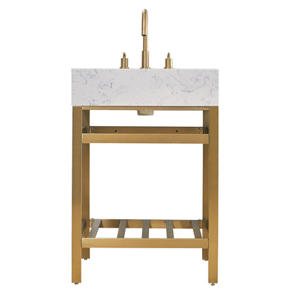Merano 24" Single Stainless Steel Vanity Console in Brushed Gold with Aosta White Stone Countertop without Mirror
