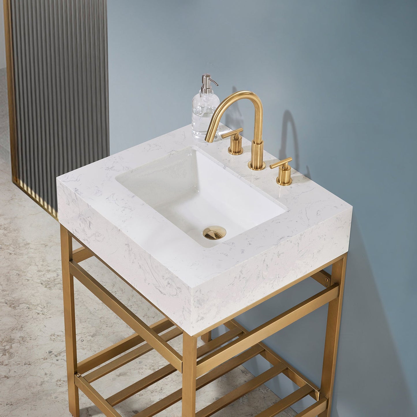 Merano 24" Single Stainless Steel Vanity Console in Brushed Gold with Aosta White Stone Countertop without Mirror