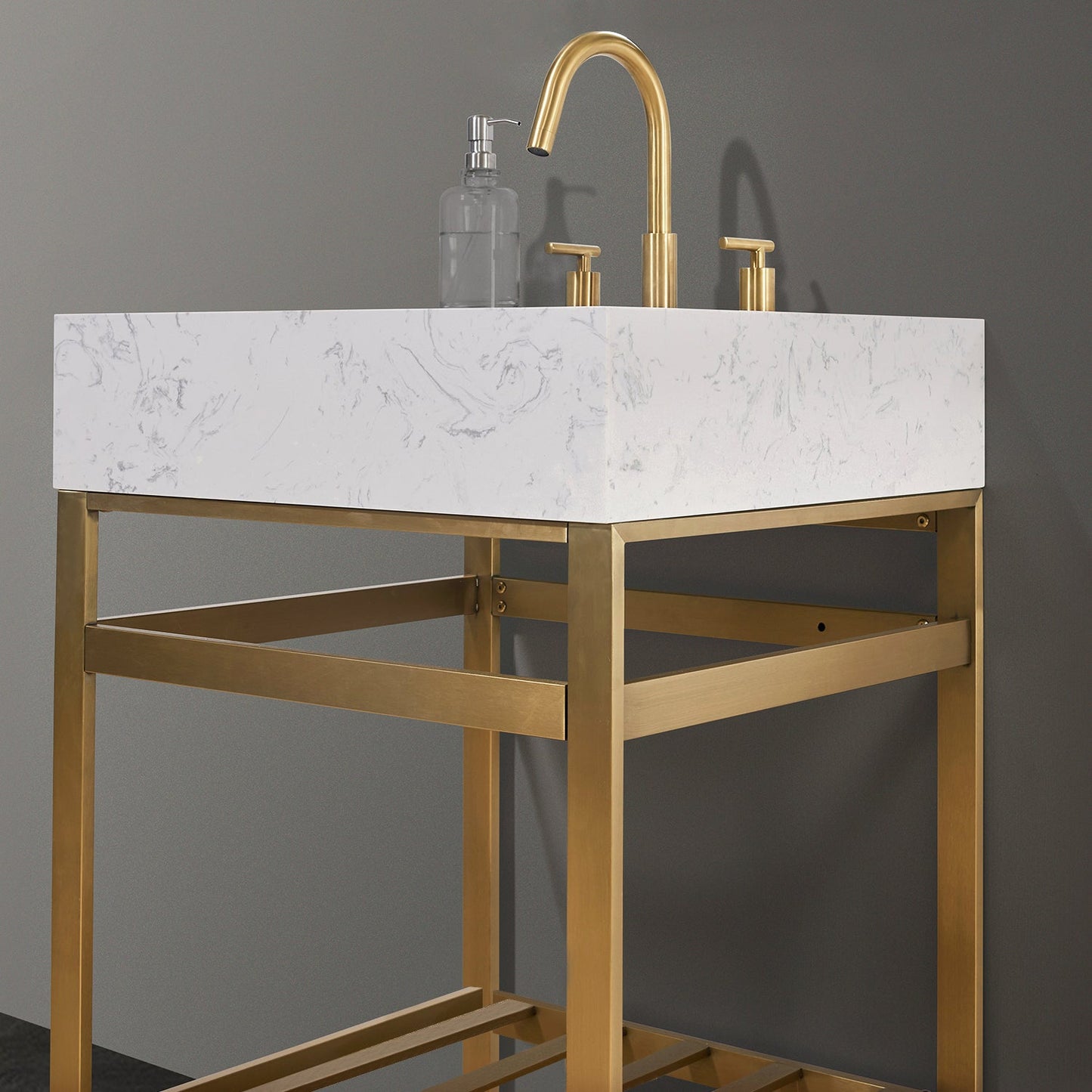 Merano 24" Single Stainless Steel Vanity Console in Brushed Gold with Aosta White Stone Countertop without Mirror