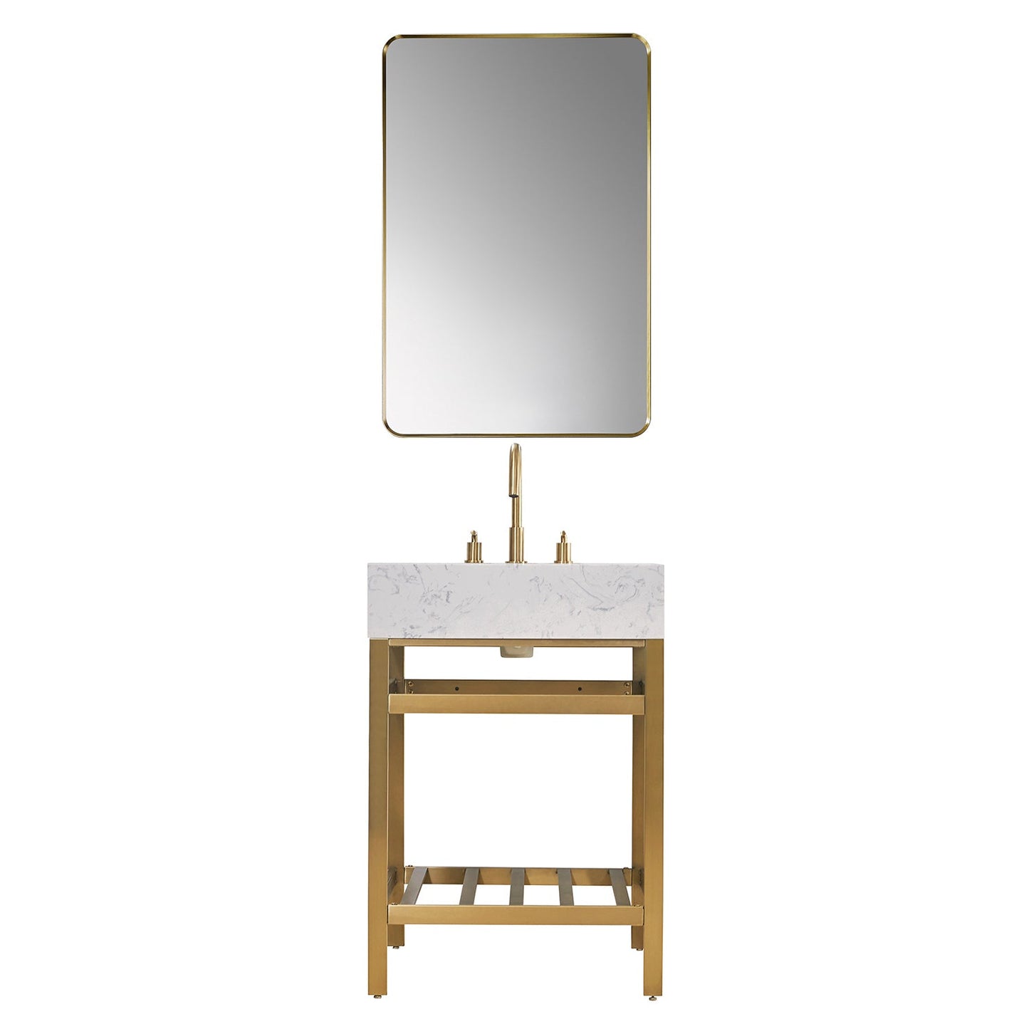 Merano 24" Single Stainless Steel Vanity Console in Brushed Gold with Aosta White Stone Countertop and Mirror