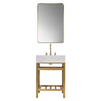 Merano 24" Single Stainless Steel Vanity Console in Brushed Gold with Aosta White Stone Countertop and Mirror