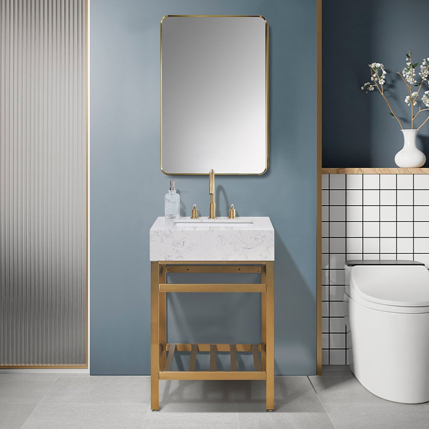 Merano 24" Single Stainless Steel Vanity Console in Brushed Gold with Aosta White Stone Countertop and Mirror