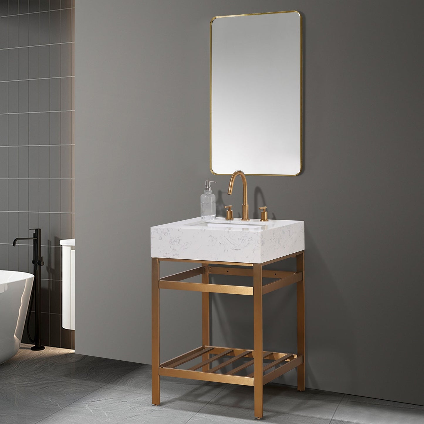 Merano 24" Single Stainless Steel Vanity Console in Brushed Gold with Aosta White Stone Countertop and Mirror