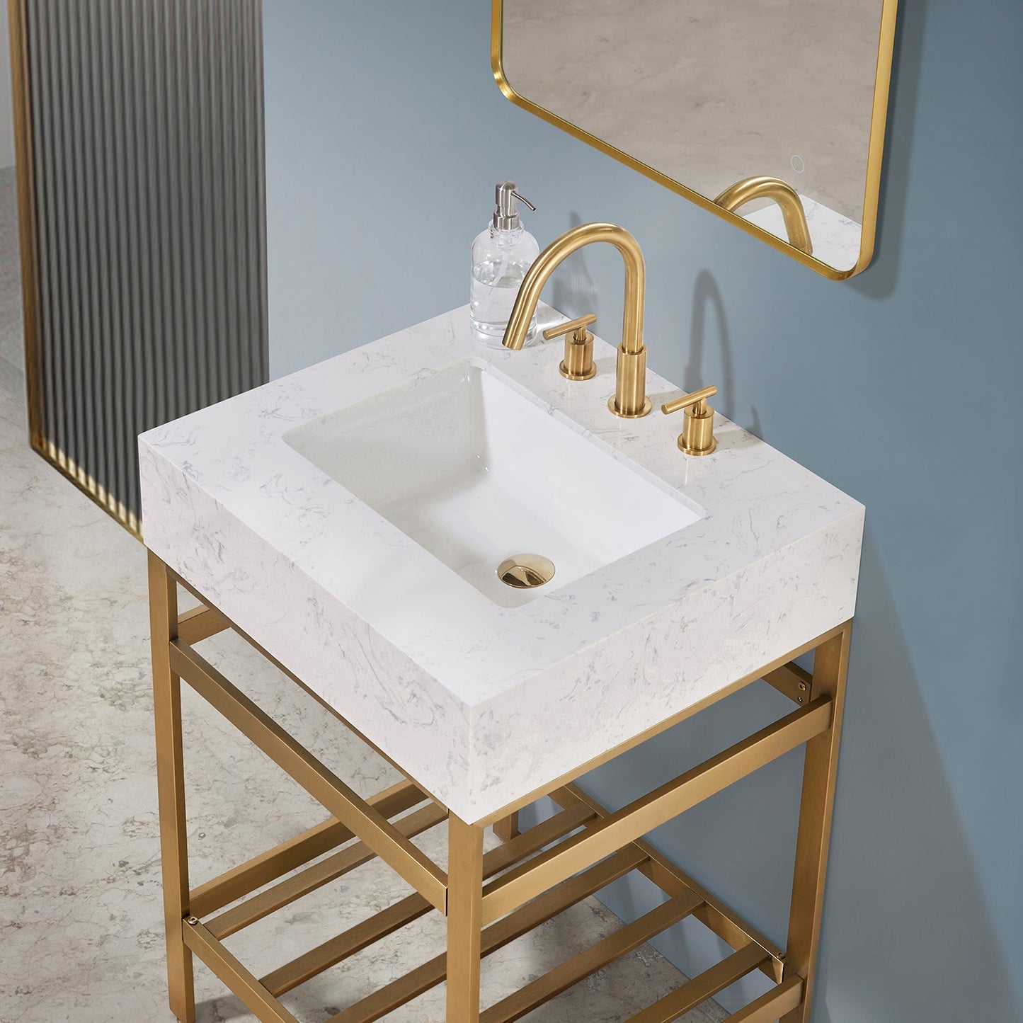 Merano 24" Single Stainless Steel Vanity Console in Brushed Gold with Aosta White Stone Countertop and Mirror