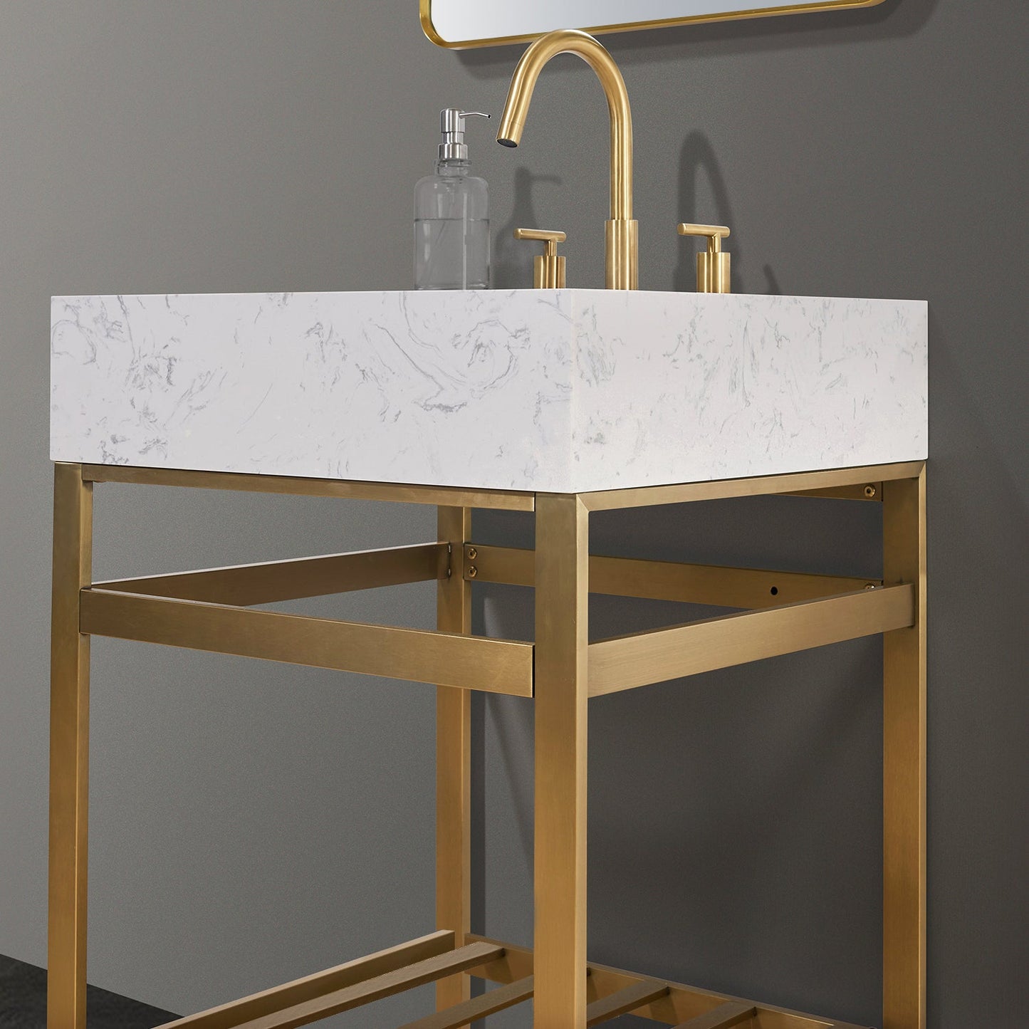 Merano 24" Single Stainless Steel Vanity Console in Brushed Gold with Aosta White Stone Countertop and Mirror