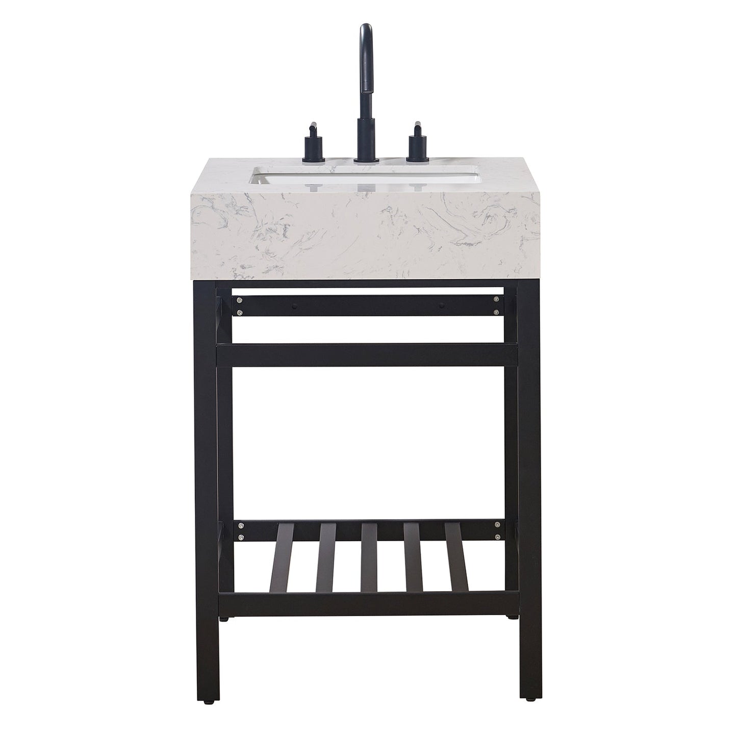 Merano 24" Single Stainless Steel Vanity Console in Matt Black with Aosta White Stone Countertop without Mirror