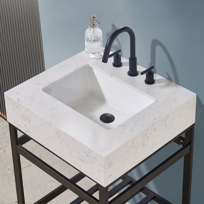 Merano 24" Single Stainless Steel Vanity Console in Matt Black with Aosta White Stone Countertop without Mirror