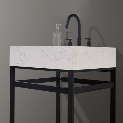 Merano 24" Single Stainless Steel Vanity Console in Matt Black with Aosta White Stone Countertop without Mirror