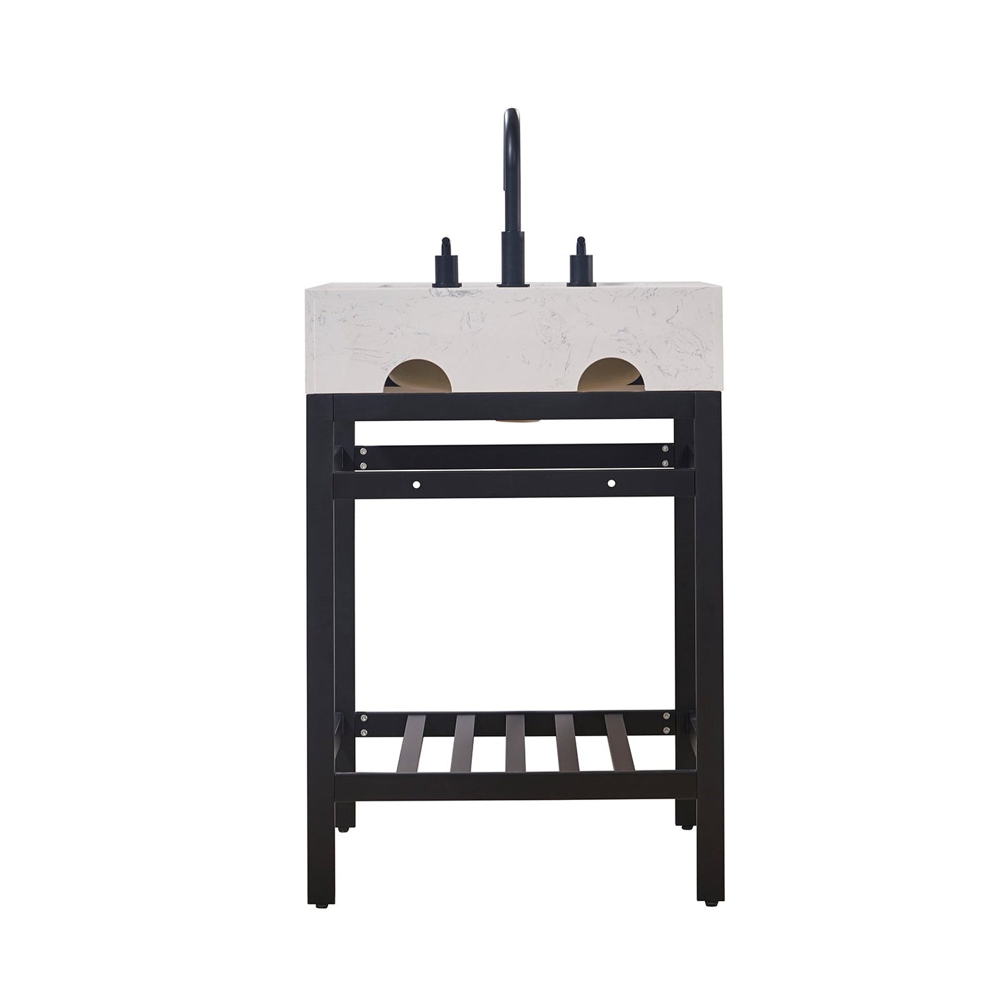 Merano 24" Single Stainless Steel Vanity Console in Matt Black with Aosta White Stone Countertop without Mirror