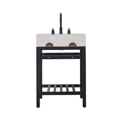 Merano 24" Single Stainless Steel Vanity Console in Matt Black with Aosta White Stone Countertop without Mirror