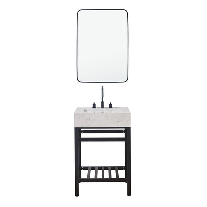 Merano 24" Single Stainless Steel Vanity Console in Matt Black with Aosta White Stone Countertop and Mirror