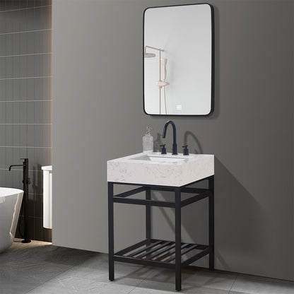 Merano 24" Single Stainless Steel Vanity Console in Matt Black with Aosta White Stone Countertop and Mirror