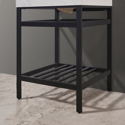Merano 24" Single Stainless Steel Vanity Console in Matt Black with Aosta White Stone Countertop and Mirror