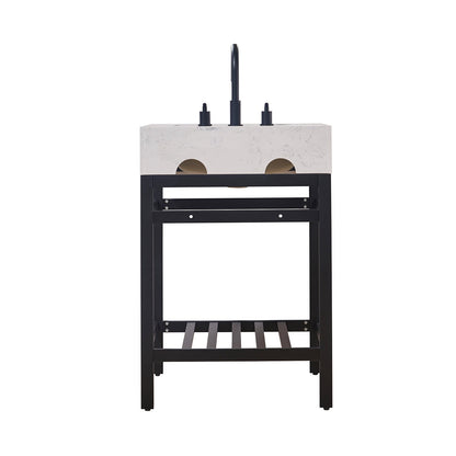 Merano 24" Single Stainless Steel Vanity Console in Matt Black with Aosta White Stone Countertop and Mirror