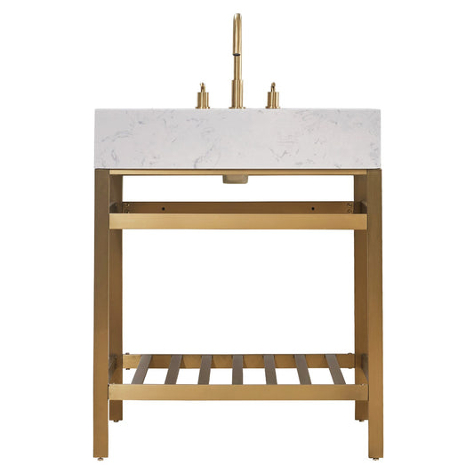 Merano 30" Single Stainless Steel Vanity Console in Brushed Gold with Aosta White Stone Countertop without Mirror