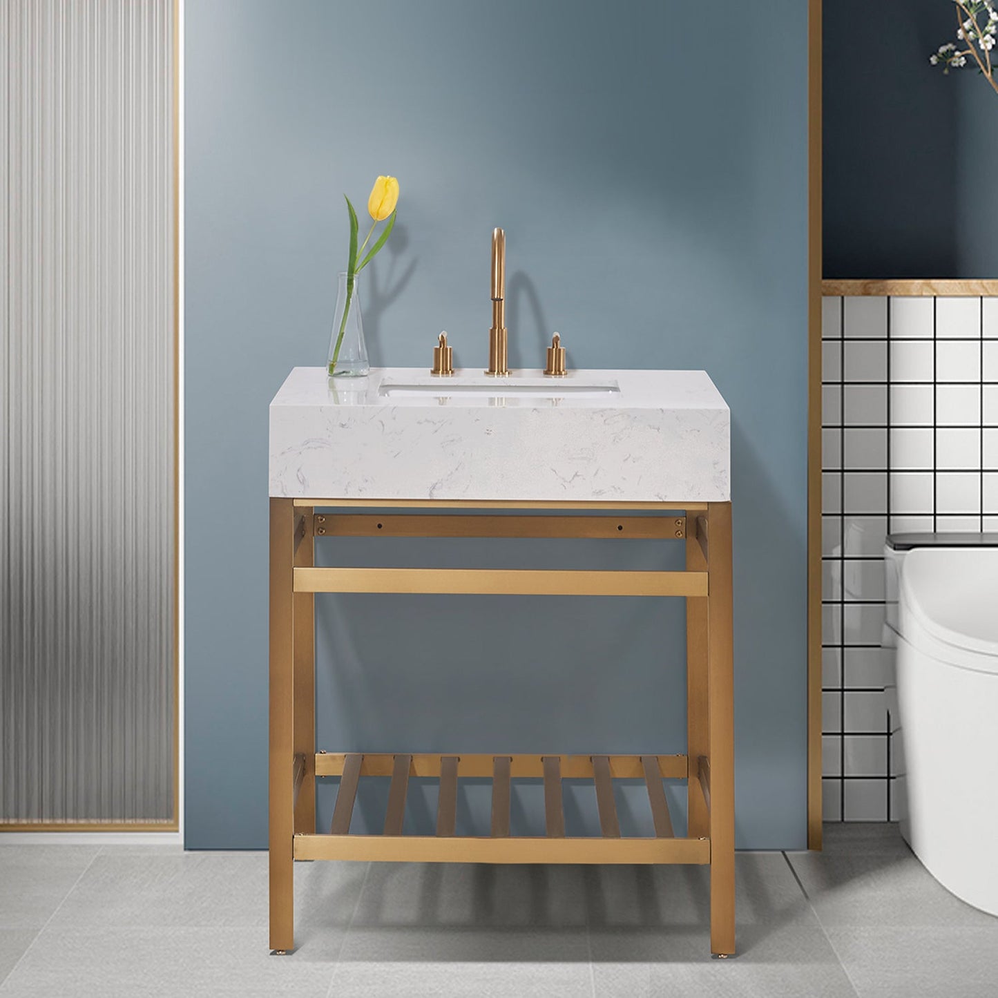 Merano 30" Single Stainless Steel Vanity Console in Brushed Gold with Aosta White Stone Countertop without Mirror