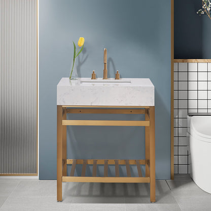 Merano 30" Single Stainless Steel Vanity Console in Brushed Gold with Aosta White Stone Countertop without Mirror